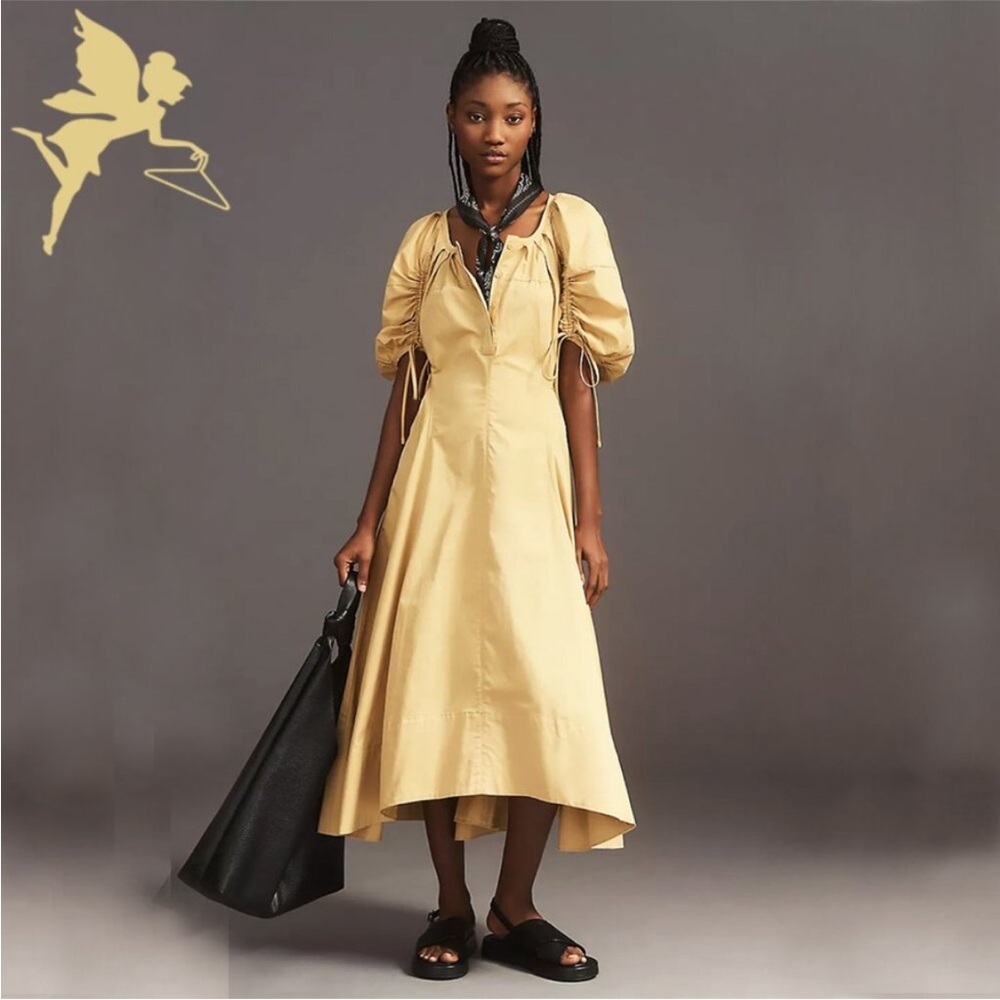 En Saison Puff-Sleeve High-Low Dress in Pale Yellow Tan